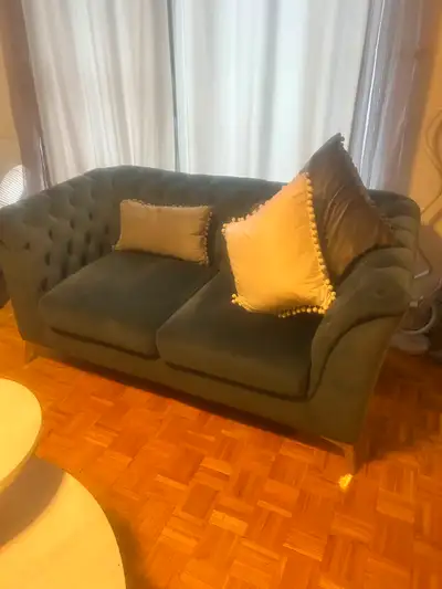I have 2 tufted 2 place sofas in a beautiful unique blue colour and 1 single in grey Material is sol...