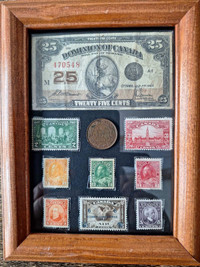 Framed Canada stamps coin and bill