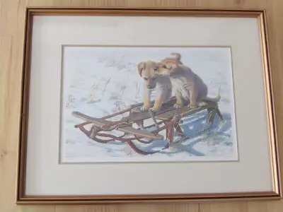 Amy Brackenbury Limited Edition Vintage 1984 Framed Art Print. Title: Sled Dogs. This lovely artwork...