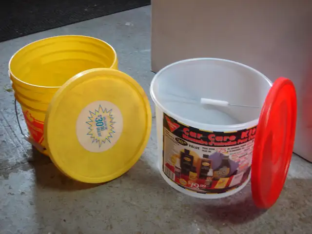 Plastic buckets, fuel cap, Nissan trunk lid