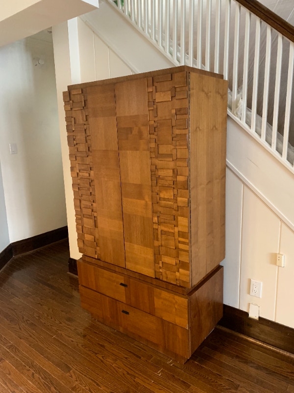 MCM 70'S Brutalist Walnut 2pc Armoire Hutches & Display