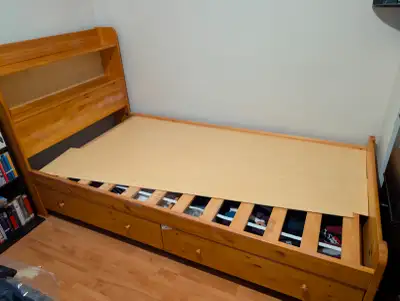 Wooden Twin Bedframe with headboard shelves and storage, View more