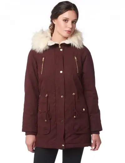 Manteau d’Hiver Parka Bordeaux Faux Fur Burgundy Winter Coat, View more