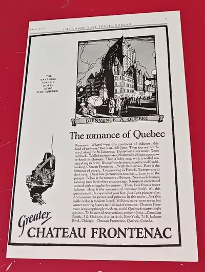 CLASSIC ORIG 1924 CHATEAU FRONTENAC ROMANCE OF QUEBEC VINTAGE AD, View more