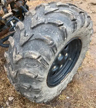 We have a set of rims and tires 115 mm bolt pattern, rims size 12 inch and tires are 25 inch ITP Mud...