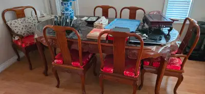 Chinese Wood Table with Glass Top and Matching Chairs Dining Set, View more