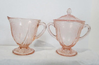 HAZEL ATLAS PINK ROYAL LACE SUGAR with LID and CREAMER