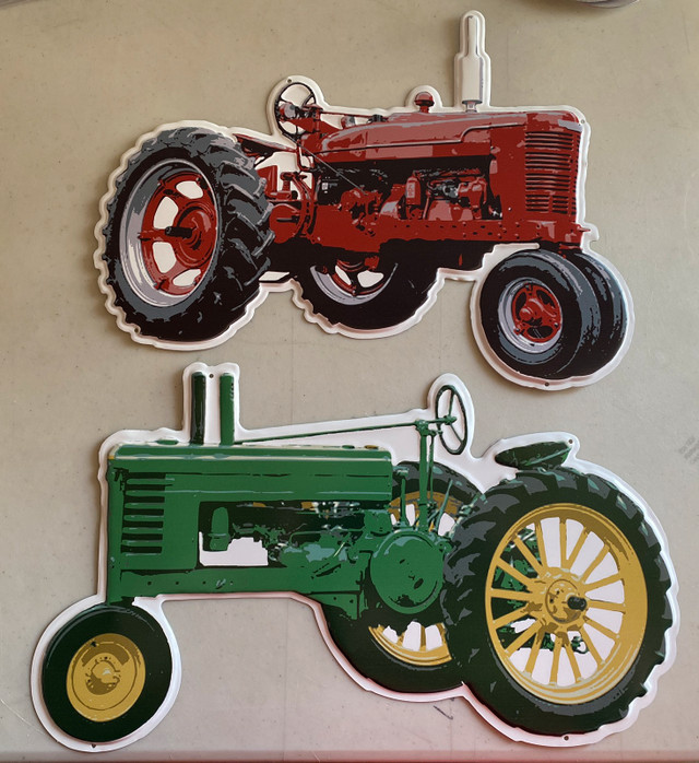 Red or Green Farm Tractor Die-Cut Embossed Metal Signs in Arts & Collectibles in Saskatoon