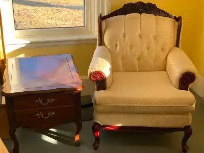 Set of two armchairs and matching side tables, View more