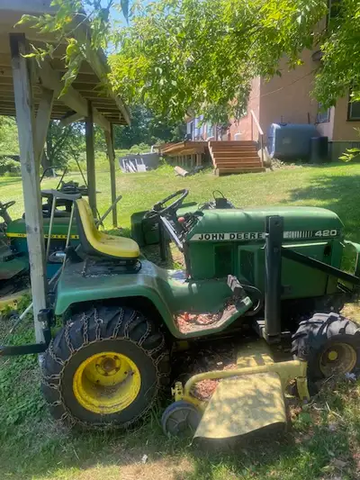 John Deere 420 tractor (with hydraulic loader and mower), View more