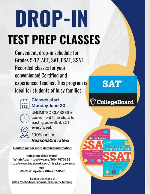Convenient, online drop-in style English Test Prep classes for students in Grades 5-12. Perfect for...