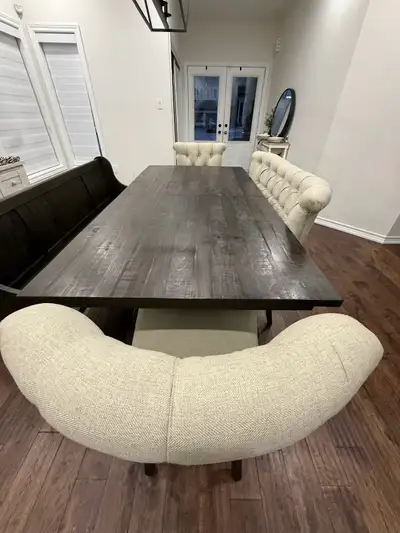 Dinning room table + chairs + bench, View more