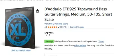 Bass Guitar Strings - D'Addario ETB92S Tapewound, View more