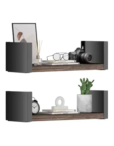 Rustic Floating Wall Shelves Set of 2 | 16” Wood & Metal Hanging, View more