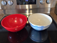 Two larger Kitchen Bowls 1 plastic 1 ceramic. Ceramic is VTG
