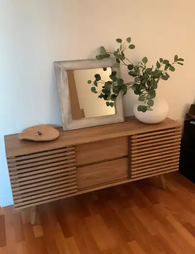 Structube wood storage cabinet. Two drawers and two hidden interior compartments on either side with...