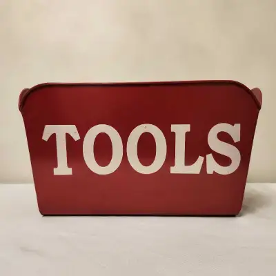 Red metal tool caddy, View more