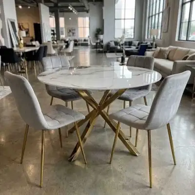Round White Marble Dining Table with Gold Base and Grey Chairs, View more