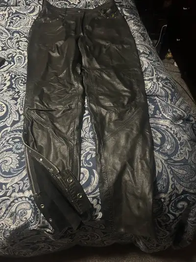 Black Harley Davidson, motorcycle leather studded pants, zipper at bottom, size 12, like new