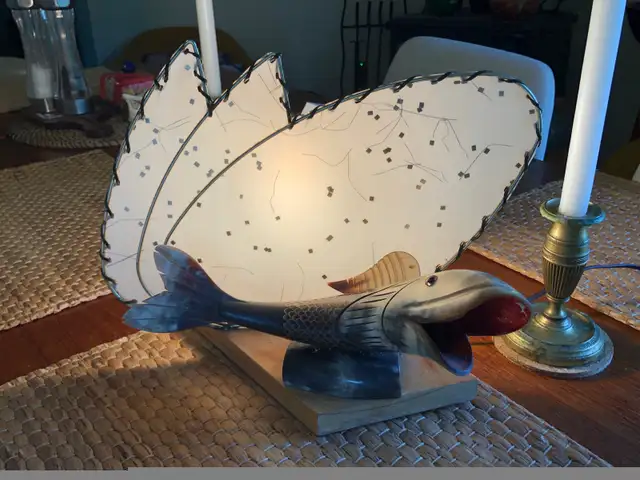 MCM Hand Carved Fish Lamp Made Horn, Wood & Fiberglass Shade in Arts & Collectibles in City of Toronto - Image 4