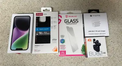 iPhone 14  128 GB,  Zagg case, Buzz IQ earbuds, isheildz scre, View more
