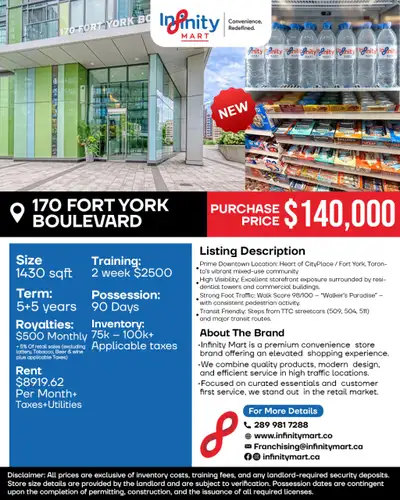 Infinity Mart Franchise Opportunity – Prime Downtown Toronto Location! ✨ Address: 170 Fort York Boul...